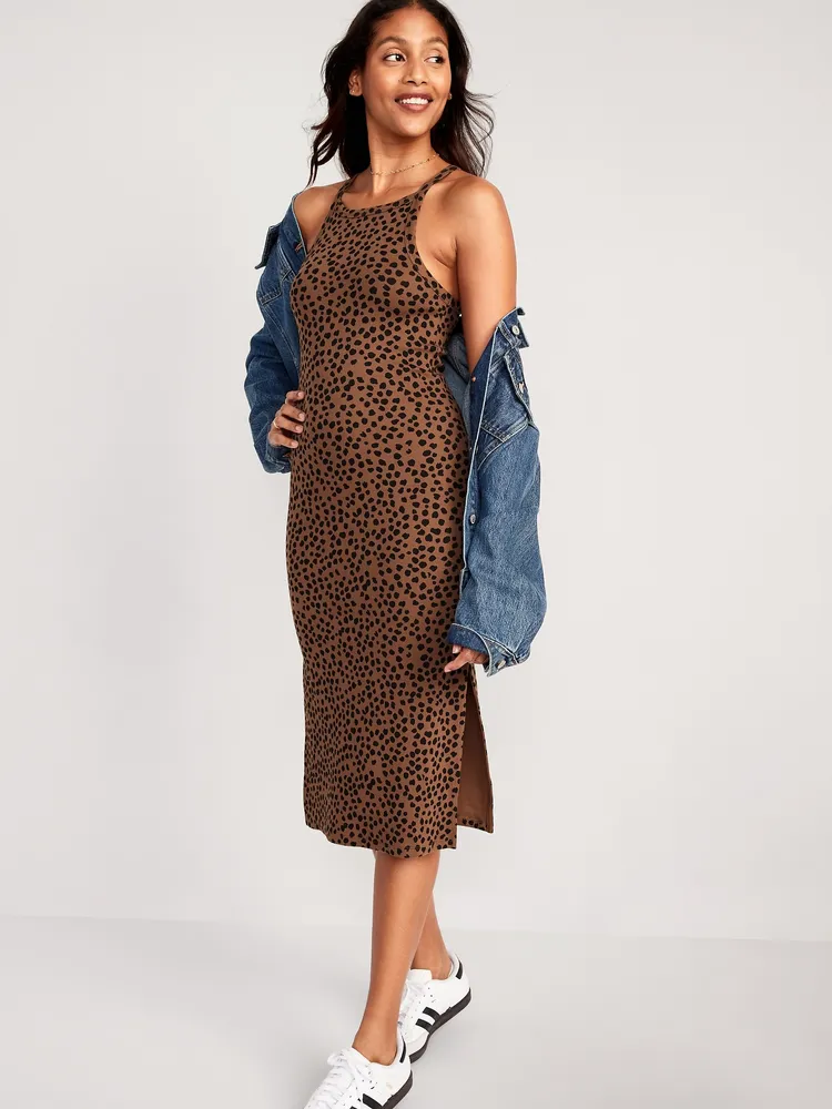 Fitted Leopard-Print Sleeveless Rib-Knit Midi Dress for Women
