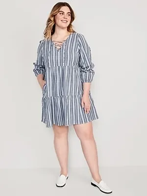 Striped Tiered Lace-Up Mini Swing Dress for Women