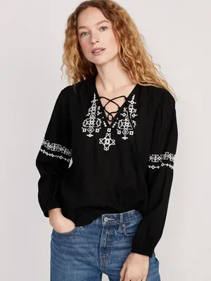 Lace-Up Embroidered Poet Blouse for Women