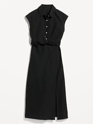 Waist-Defined Twist-Front Midi Shirt Dress for Women
