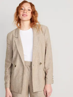 Double-Breasted Linen-Blend Suit Blazer for Women