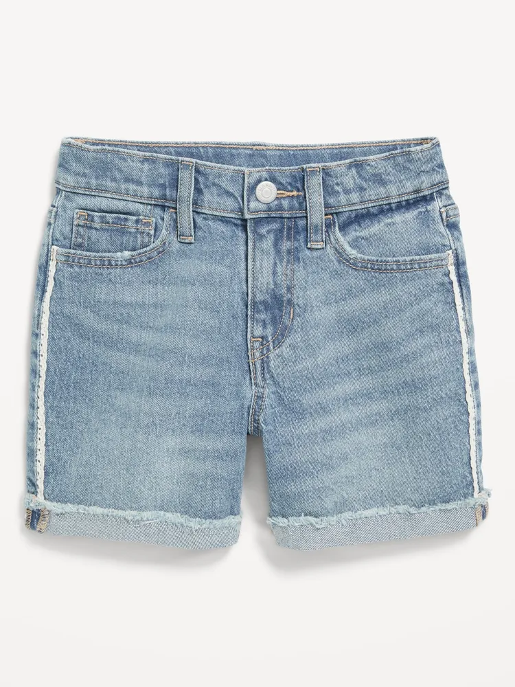 High-Waisted Roll-Cuffed Lace-Sides Jean Midi Shorts for Girls