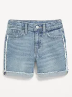 High-Waisted Roll-Cuffed Lace-Sides Jean Midi Shorts for Girls