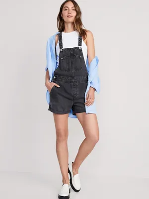Slouchy Straight Non-Stretch Black Jean Short Overalls for Women -- 3.5-inch inseam