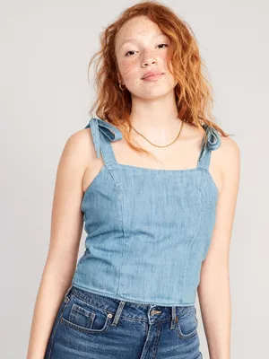 Fitted Tie-Shoulder Cropped Jean Corset Cami Top for Women