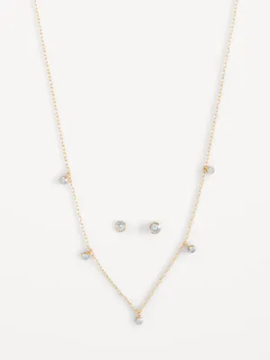 Gold-Plated Crystal Necklace and Stud Earrings Set