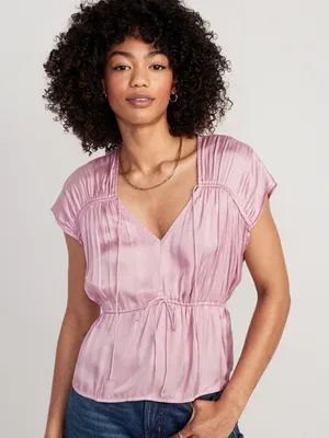 Waist-Defined Satin Shirred Tie-Front Blouse for Women