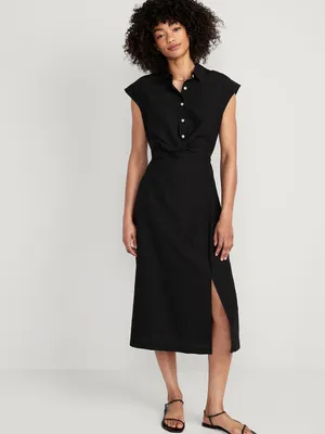 Waist-Defined Twist-Front Midi Shirt Dress for Women