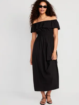 Waist-Defined Ruffled Off-The-Shoulder Smocked Maxi Dress for Women