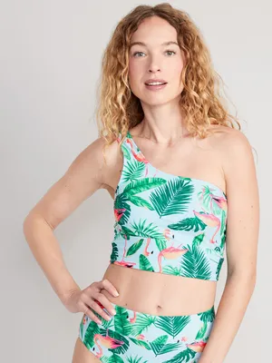Matching One-Shoulder Printed Longline Bikini Swim Top for Women