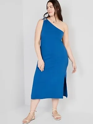 Fitted One-Shoulder Double-Strap Rib-Knit Midi Dress for Women