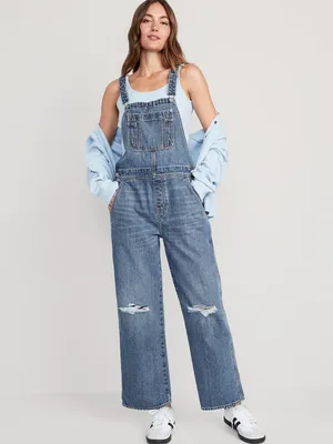 Baggy Wide-Leg Non-Stretch Ripped Jean Overalls for Women