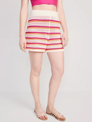High-Waisted Striped Crochet Swim Cover-Up Shorts for Women - 3-inch inseam