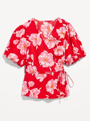 Waist-Defined Floral Puff-Sleeve Tie-Wrap Blouse for Women