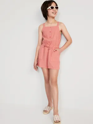 Sleeveless Tie-Front Linen-Blend Utility Romper for Girls