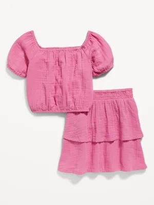 Double-Weave Cropped Puff-Sleeve Top & Tiered Skirt Set for Girls