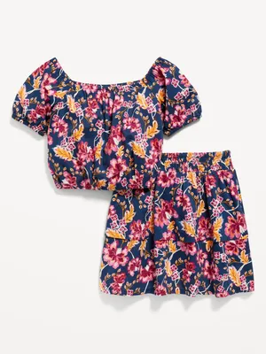 Printed Cropped Puff-Sleeve Top & Tiered Skirt Set for Girls