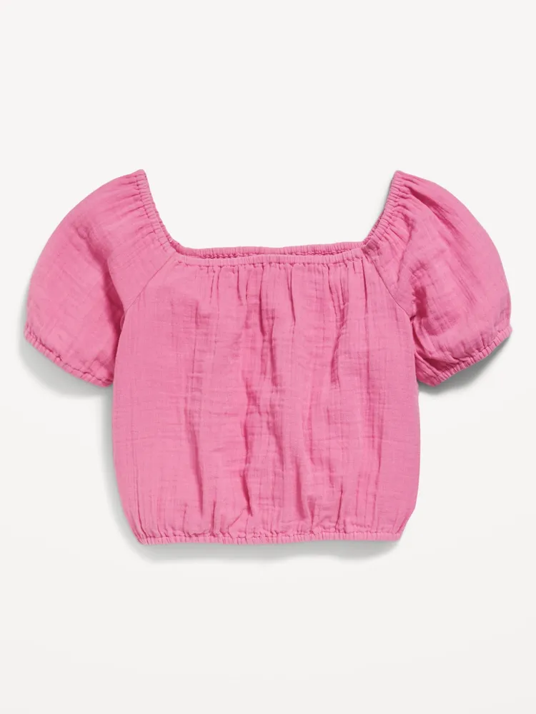 Double-Weave Cropped Puff-Sleeve Top for Girls