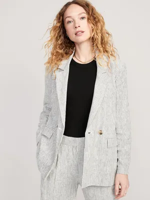 Striped Double-Breasted Linen-Blend Blazer for Women