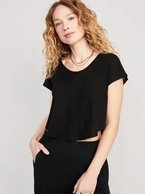 Linen-Blend Cropped Voop-Neck T-Shirt for Women