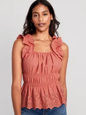 Sleeveless Waist-Defined Ruffle-Trim Embroidered Babydoll Blouse for Women
