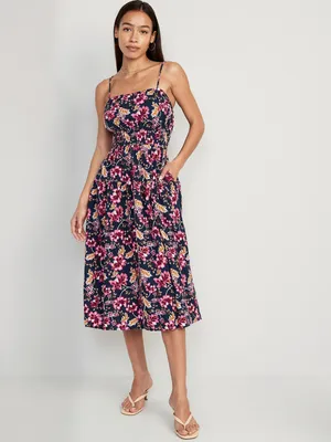 Waist-Defined Floral Linen-Blend Smocked Midi Cami Dress for Women