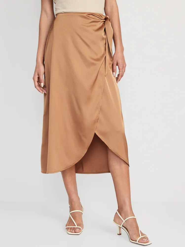 High-Waisted Satin Midi A-Line Wrap Skirt for Women