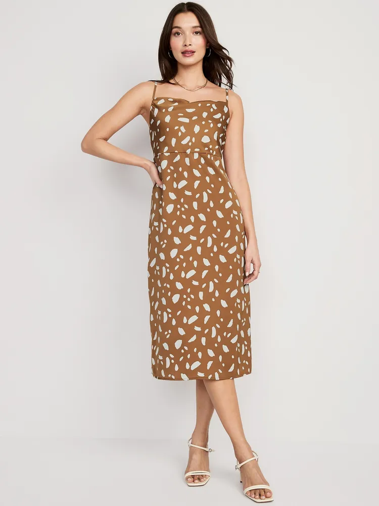Cowl-Neck Printed Satin Midi Slip Dress for Women