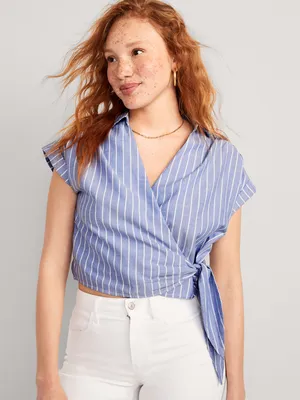 Wrap-Front Cropped Oxford Sarong Top for Women