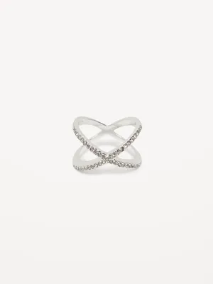 Silver-Toned Crossover Ring for Women