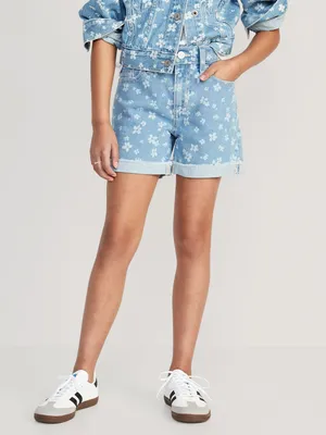 High-Waisted Printed Rolled-Cuff Jean Midi Shorts for Girls