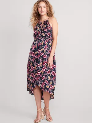 Waist-Defined Floral Halter Satin Maxi Dress for Women