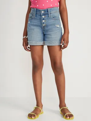 High-Waisted Button-Fly Rolled Frayed-Hem Jean Midi Shorts for Girls