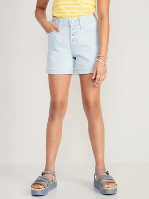 High-Waisted Button-Fly Rolled Frayed-Hem Jean Midi Shorts for Girls
