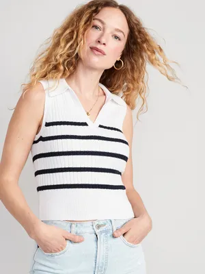 Sleeveless Rib-Knit Striped Cropped Polo for Women
