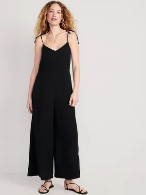 Loose Cropped Tie-Shoulder V-Neck Cami Jumpsuit for Women
