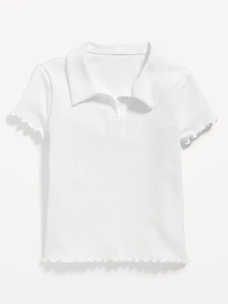 Rib-Knit Lettuce-Edge Collared Top for Girls