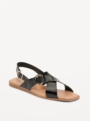 Faux-Leather Cross-Strap Buckled Sandals for Women