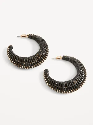 Raffia-Woven Moon Hoop Earrings for Women