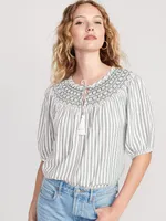 Puff-Sleeve Striped Smocked Embroidered Poet Blouse for Women
