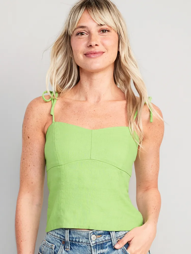 Fitted Linen-Blend Tie-Shoulder Cropped Cami Top
