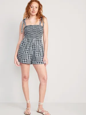Gingham Tie-Shoulder Smocked Romper for Women - 3-inch inseam