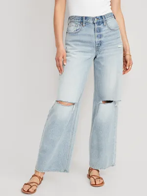 Extra High-Waisted Ripped Baggy Wide-Leg Non-Stretch Jeans for Women