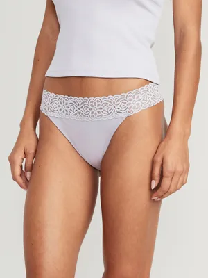 Mid-Rise Supima Cotton-Blend Lace-Trim Thong Underwear for Women