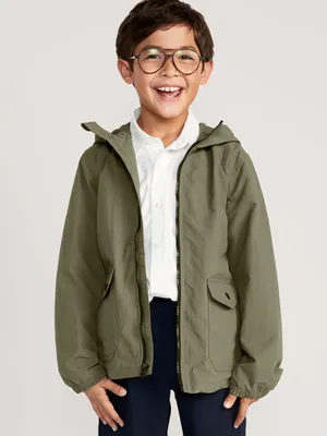Gender-Neutral Water-Resistant Hooded Zip Utility Jacket for Kids