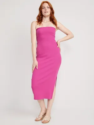 Fitted Strapless Rib-Knit Midi Tube Dress for Women