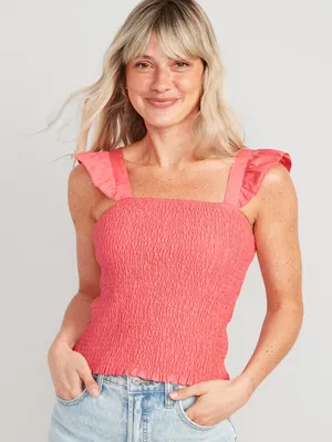 Fitted Ruffle-Strap Smocked Cropped Top