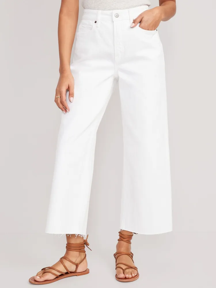 Extra High-Waisted Cropped White Wide-Leg Cut-Off Jeans