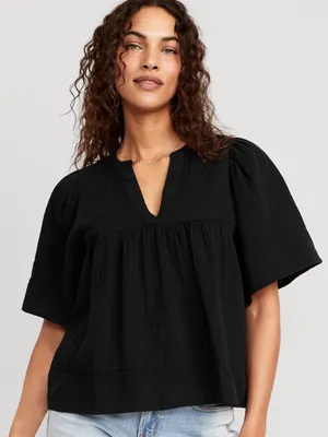 Flutter-Sleeve Textured V-Neck Swing Top for Women