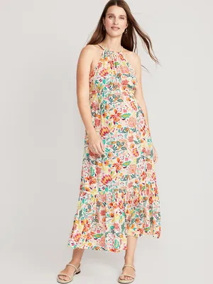 Maternity Waist-Defined Floral Halter Maxi Dress